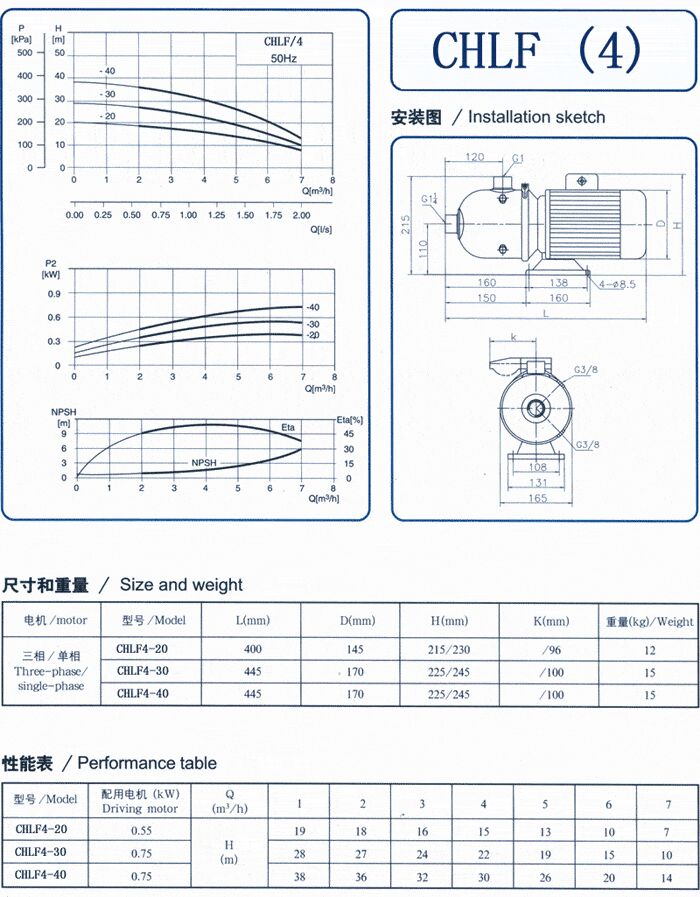 CHLF輕型立式不銹鋼多級(jí)離心泵安裝圖、尺寸、性能
