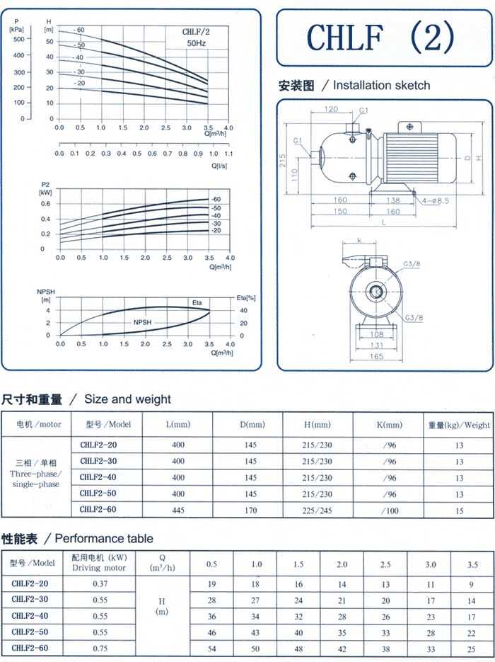 CHLF輕型立式不銹鋼多級(jí)離心泵安裝圖、尺寸、性能