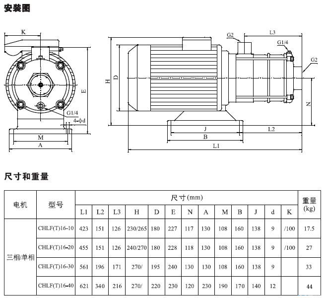 不銹鋼多級離心泵安裝圖、尺寸及重量