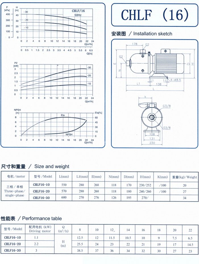 CHLF輕型不銹鋼多級離心泵尺寸和重量、性能表