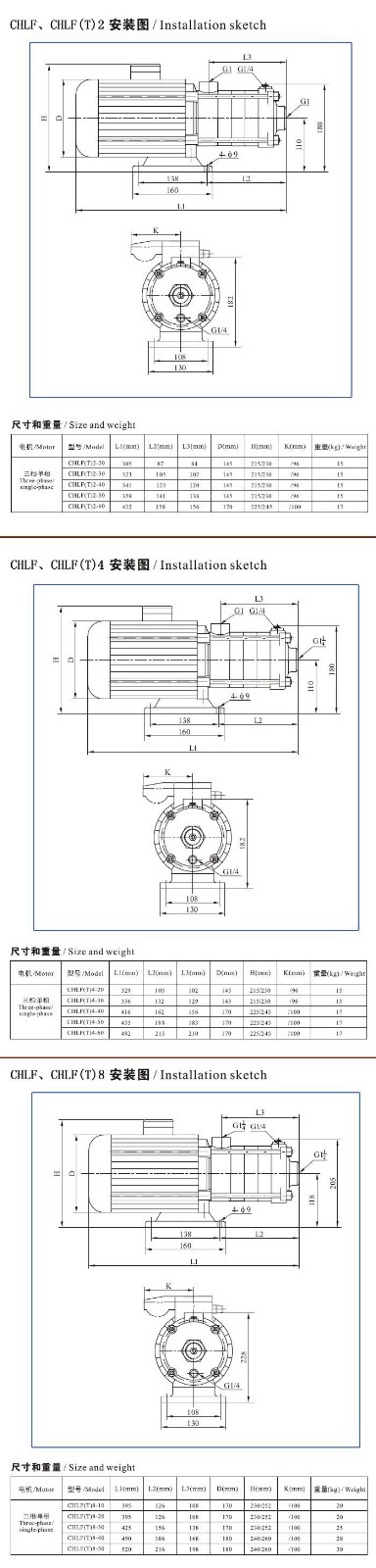 CHLF(T)輕型不銹鋼多級(jí)離心泵材料、安裝圖